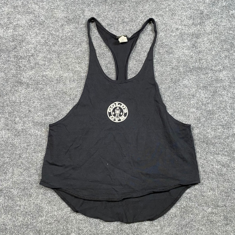 Golds Gym Mens Vintage Stringer Tank Top Large Black Graphic Muscle Tee USA Made